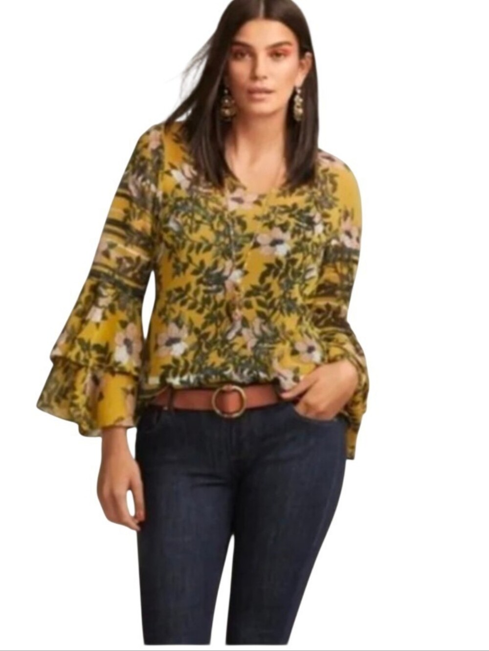 CABI #5518 Spring Scene Bell Sleeve Floral Sheer Blouse - XL